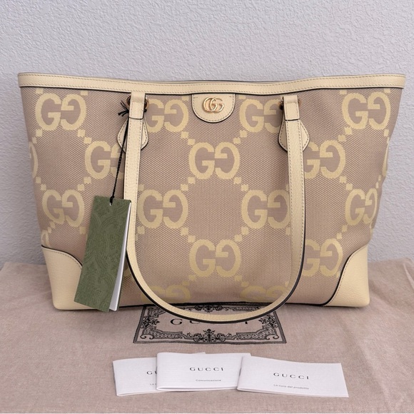 NEW GUCCI Ophidia Jumbo GG Canvas & Leather Tote in Banana Yellow - Picture 1 of 8